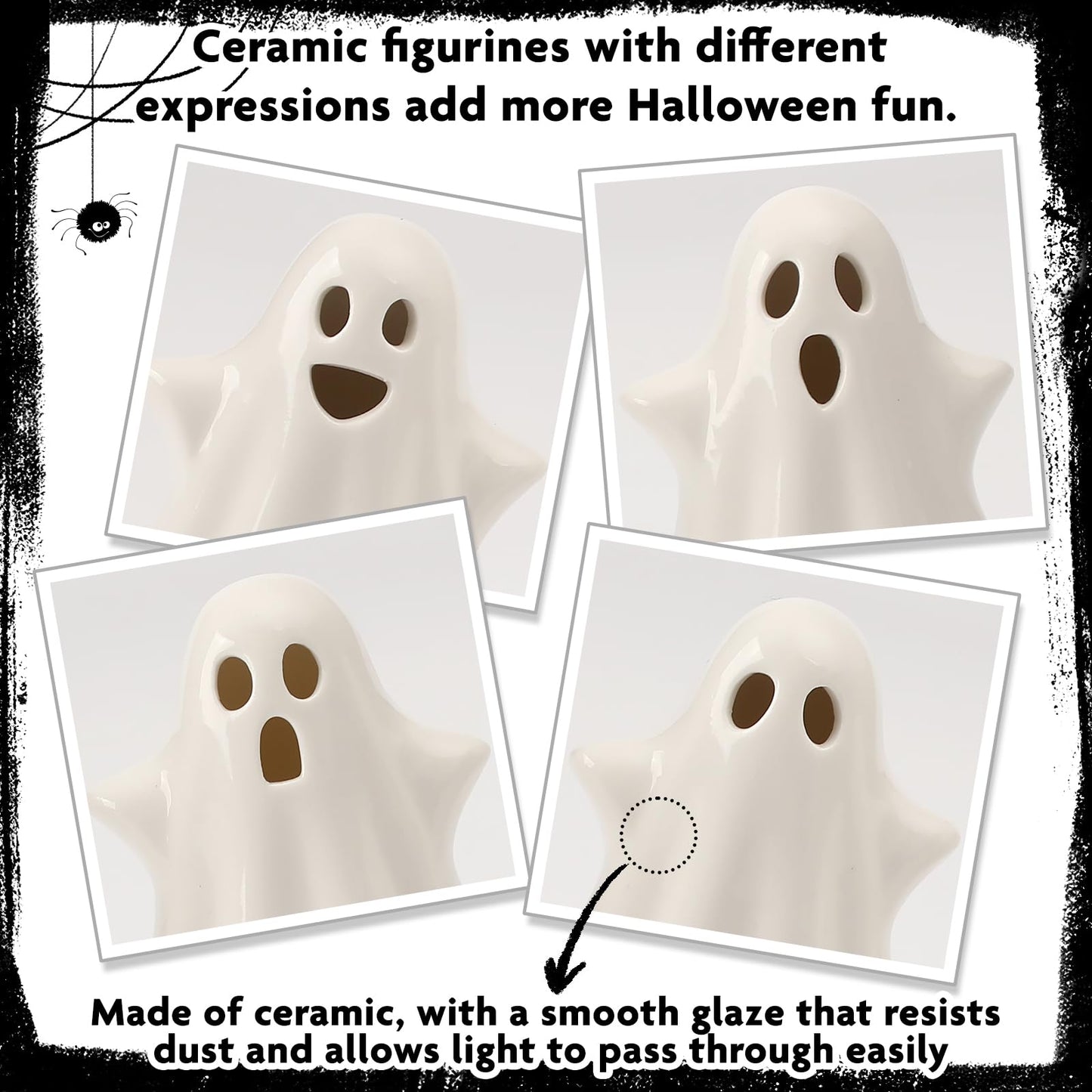 4PCS Ceramic Ghost Light Up Decor, Cute Ghost Halloween Decor, Small White Ghost Figurine Timer Led Ghost Figurines for Desk Tabletop Centerpieces，Halloween Decoration Indoor