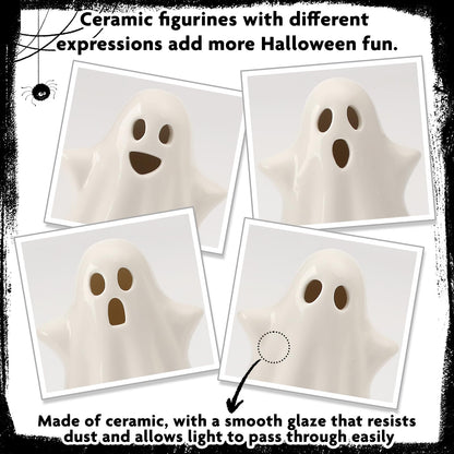 4PCS Ceramic Ghost Light Up Decor, Cute Ghost Halloween Decor, Small White Ghost Figurine Timer Led Ghost Figurines for Desk Tabletop Centerpieces，Halloween Decoration Indoor