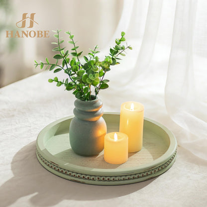 Hanobe Sage Green Tray Decor: Round Decorative Tray for Coffee Table Centerpiece - Wooden Candle Plate Holder for Rustic Farmhouse Home Living Room Kitchen Counter