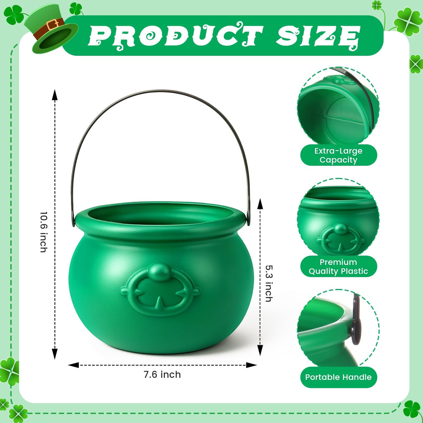 Soulchen 7.6" St Patricks Day Cauldron Plastic Pot of Gold Bucket Cauldron Kettle Leprechaun Irish Party Decoration Favors Supplies for Coins Candy(Green)