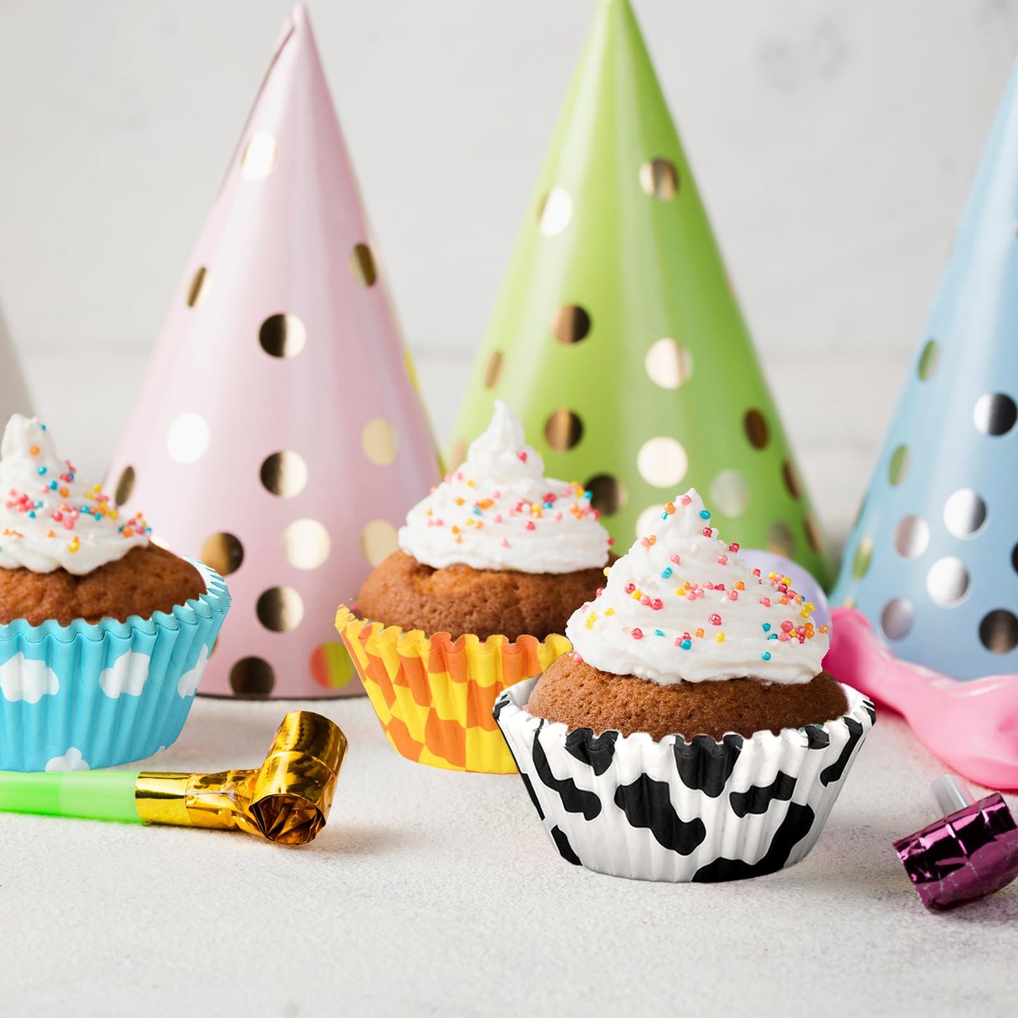 JarThenaAMCS 600Pcs Toy Inspire Game Cupcake Liner Cartoon Story Paper Cupcake Wrapper Cow Print Blue Cloud Checkered Disposable Muffin Cup for Baking Party Supplies, 2 x 1.2 in