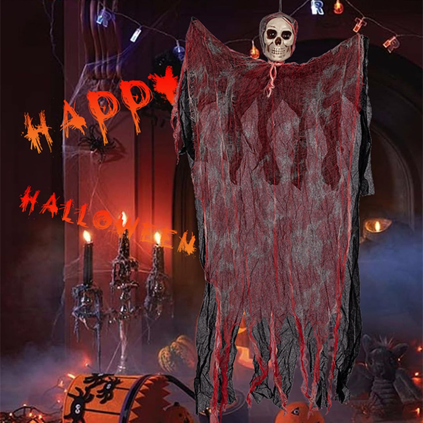 43" Halloween Hanging Ghost Decorations Outdoor with Spider Web&20 Spiders, Halloween Scary Flying Skeleton Ghost Decor for Haunted House Party Outside Indoor