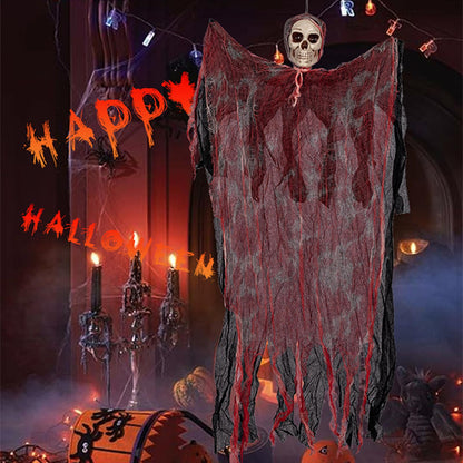 43" Halloween Hanging Ghost Decorations Outdoor with Spider Web&20 Spiders, Halloween Scary Flying Skeleton Ghost Decor for Haunted House Party Outside Indoor