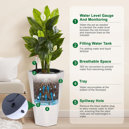 ExploreHorizon 22.4 Inch Tall Tapered Planters Set of 2, Large Indoor Outdoor Flower Pots with Wheels Water Level Monitor & Trays for Patio Balcony Lounge