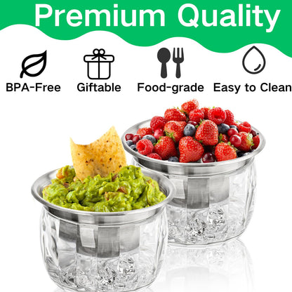 ZENFUN 2 Pack 20 Oz Chilled Dip Bowl with Acrylic Ice Bowl Base, Stainless Steel Ice Chilled Serving Dish Iced Salad Bowl Set for Chilled Pasta, Potato, Dressing, Fruit