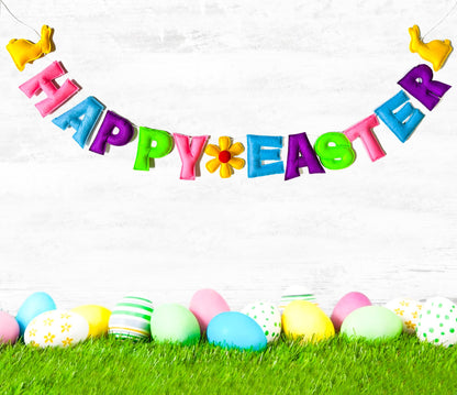 Meygajoe Pre-Strung Reusable Happy Halloween Banner Felt Garland Happy Holiday Sign for Halloween Party Decorations Indoor Outdoor Décor Wall Mantel Fireplace Party Supplies (Happy Easter)