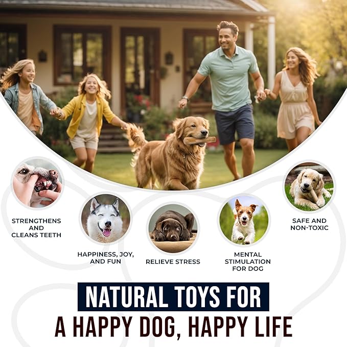3Pcs Natural Coffee Wood Dog Chew and Hemp Ball Toys for Large & XL Dog Over 70lbs - 100% Organic Toys for Teeth Cleaning, Reduces Stress, Mental Stimulation