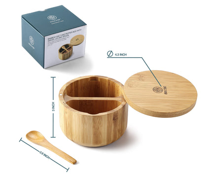8SOM Bamboo Salt and Pepper Box with Swivel Lid, Embedded Spoon, Magnetic Closure Lid to keep the dust out, Salt Cellar Bowl Container to Storage Pepper Spice Herb Sea Salt, Dual 5 Oz Capacity
