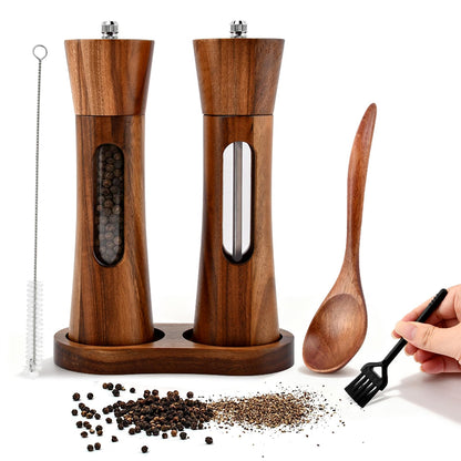 Wooden Salt and Pepper Grinder Set, Manual Spice Mills with Wooden Spoon, Cleaning Brush,Stable Base Plate,8 Inch Refillable Salt and Pepper Mills Adjustable Coarseness