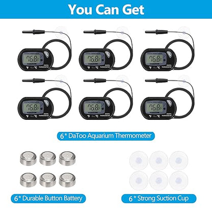 DaToo Aquarium Thermometer with Large LCD Display Fahrenheit/Celsius(℉/℃) Fish Tank Thermometer for Aquarium Reptile Terrarium Digital Water Thermometer with Suction Cup(6 Pack)