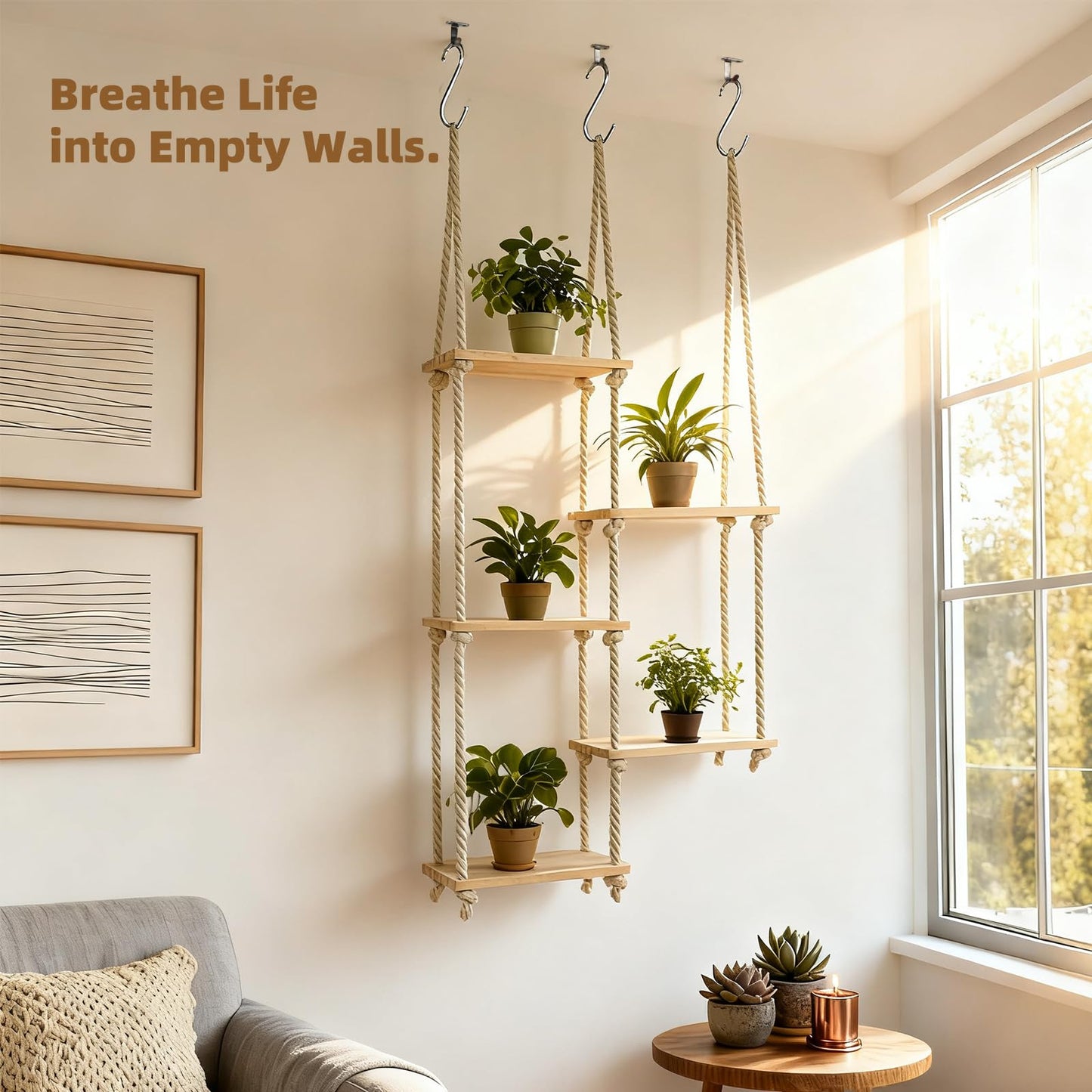 YJREW Window Plant Shelves for Indoor Plants Plant Shelf Indoor Wall Mounted Hanging Plant Stand with Wooden Shelves for Windowsill Boho Indoor Plant Shelf for Window Sill