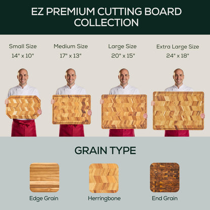 EZ FURNITURE Extra Large (XL) Teak Edge Grain Cutting Board, Reversible, Knife-Friendly Charcuterie Butcher Block, Juice Groove & Handles, Non-Toxic, Gift Box Included (Herringbone, 24" x 18" x 1.5")