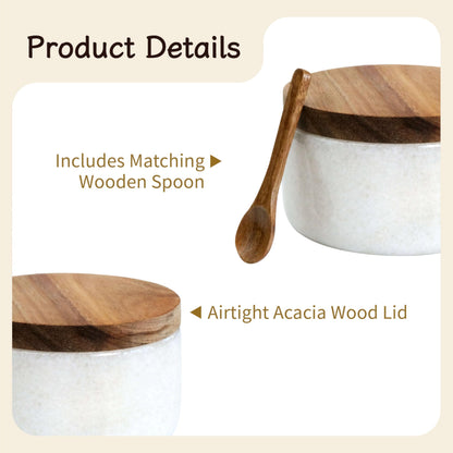 seicasaya Marble Salt Cellar with Acacia Wood Lid and Spoon – 4-inch Salt Box with Spoon Slot, Kitchen Spice Container for Salt, Sugar, or Spices (White)