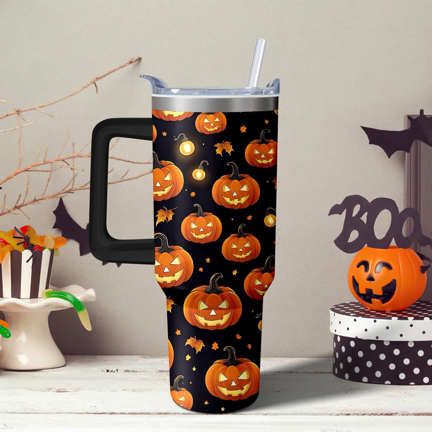 40oz Halloween Pumpkin Gift Fall Tumbler with Handle and straw, Horror Scary Spooky Stainless Steel Insulated Cup, Coffee Mug Water Bottle for Halloween