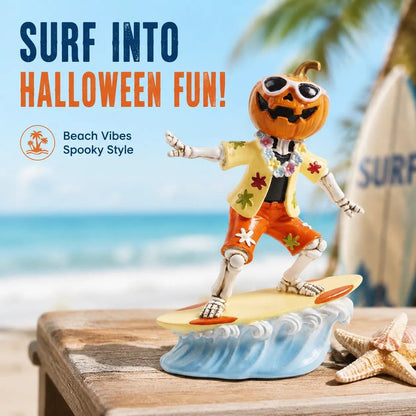 caiydramy Summerween Decorations for Home, 5.9" H Resin Surfing Pumpkin Skeleton Figurine, Spooky Summer Halloween Party Decorations, Tropical Hawaiian Beach Indoor Mantel Table Top Shelf Desk Decor