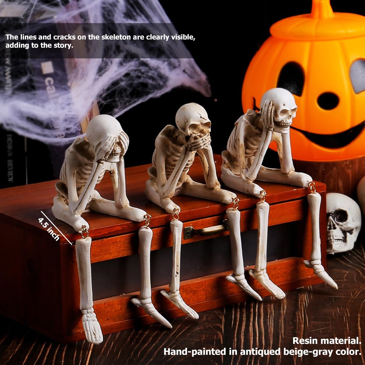 HOLIHIFI Halloween Skeleton Decor Indoor Hear See Speak No Evil Skeletons for Mantel Shelf, Set of 3 Resin Funny Skeleton Decorations