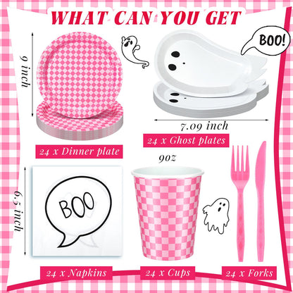 Yungyan 144 Pcs/24 Set Summer Halloween Paper Plates and Napkins Boo Ghost Plates Pink Cups with Forks and Knife Halloween Party Tableware Set for Spooky Birthday Party Decoration Boo Baby Shower