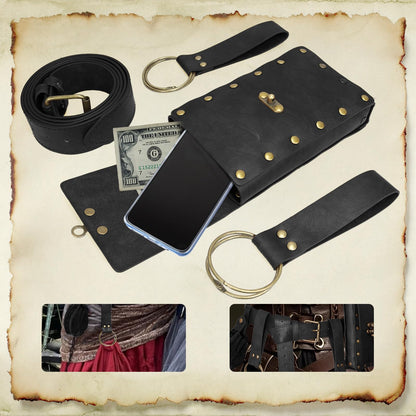 Renaissance Belt Pouch Medieval Viking Pirate Leather Bag Potion Bottle Set Skirt Hike Halloween Cosplay Costume Accessorie(Black, Belt Pouch)