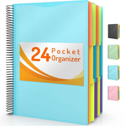 Forvencer 24 Pocket Project Organizer, 1/3-cut Tab Binder Organizer with Sticky Labels, Multi Pocket Folder with Zipper Pouch, Folder Binder Spiral Pocket Notebook, Office Supplies