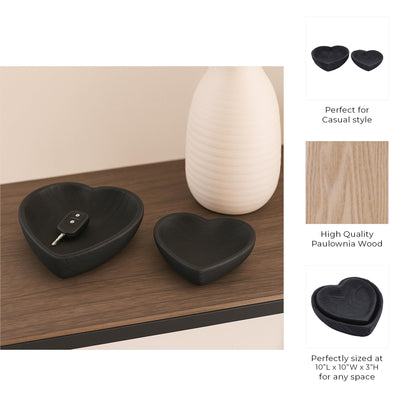 Set of 2 Wooden Decorative Bowls – Accent Bowl Set for Everyday Display, Coffee Table or Entryway Styling – Heart Shape Design for Soft, Sculptural Impact, Home Decor – 10" & 8", Black