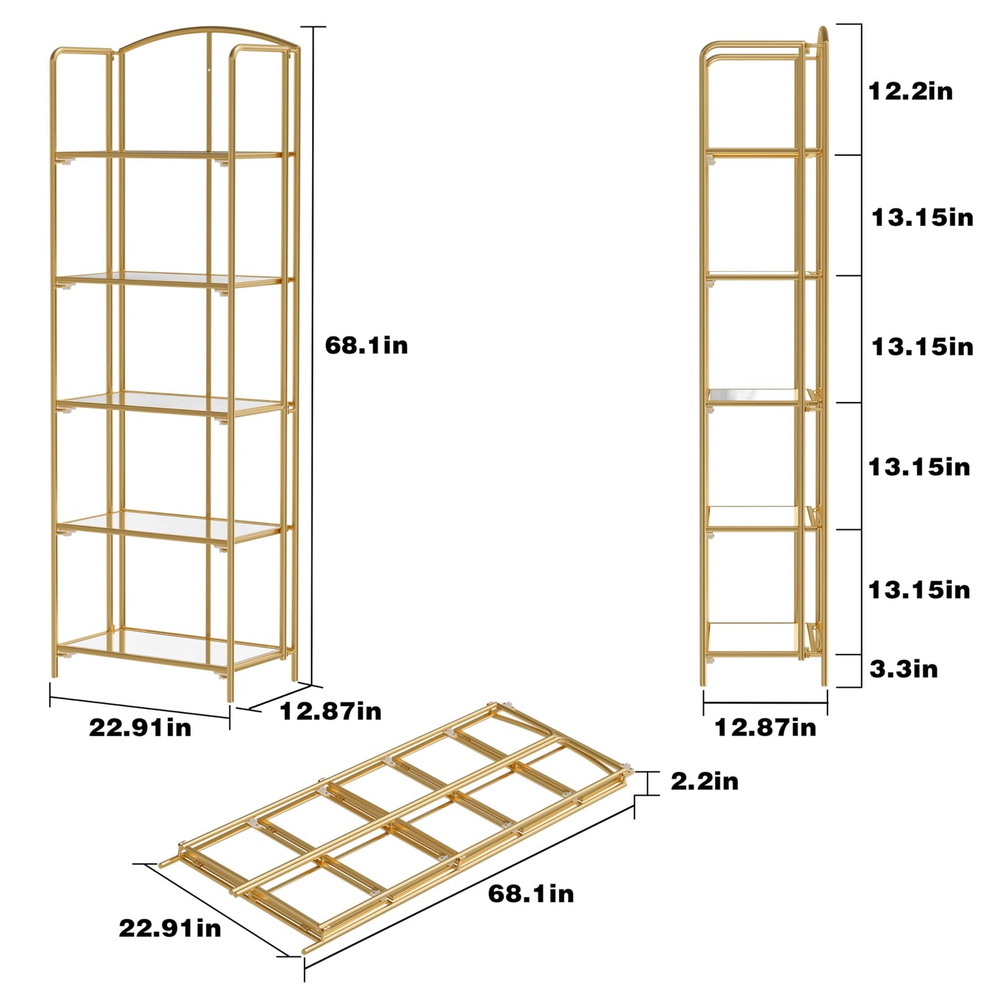 Crofy No Assembly Folding Bookshelf for Living Room, 5 Tier Gold Collapsible Book Shelf for Home Office, Portable Bookcase Storage Organizer