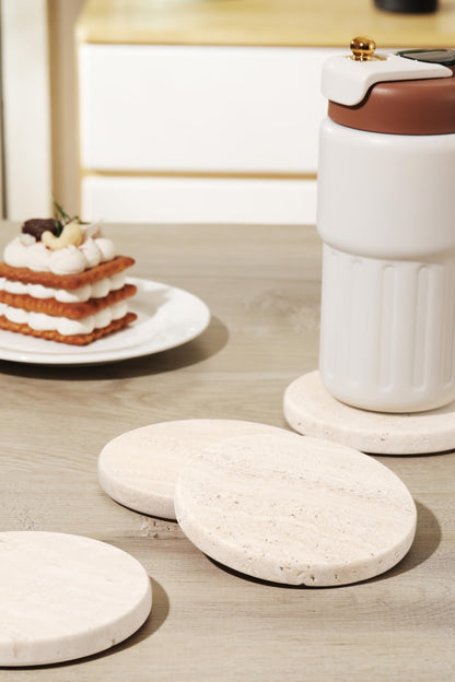 White Travertine Coasters - Set of 4 Round 4” Diameter Drink Marble Coasters for Housewarming Gift, Anniversary, Office - Protect Countertops from Stains - Sturdy and Durable Aesthetics