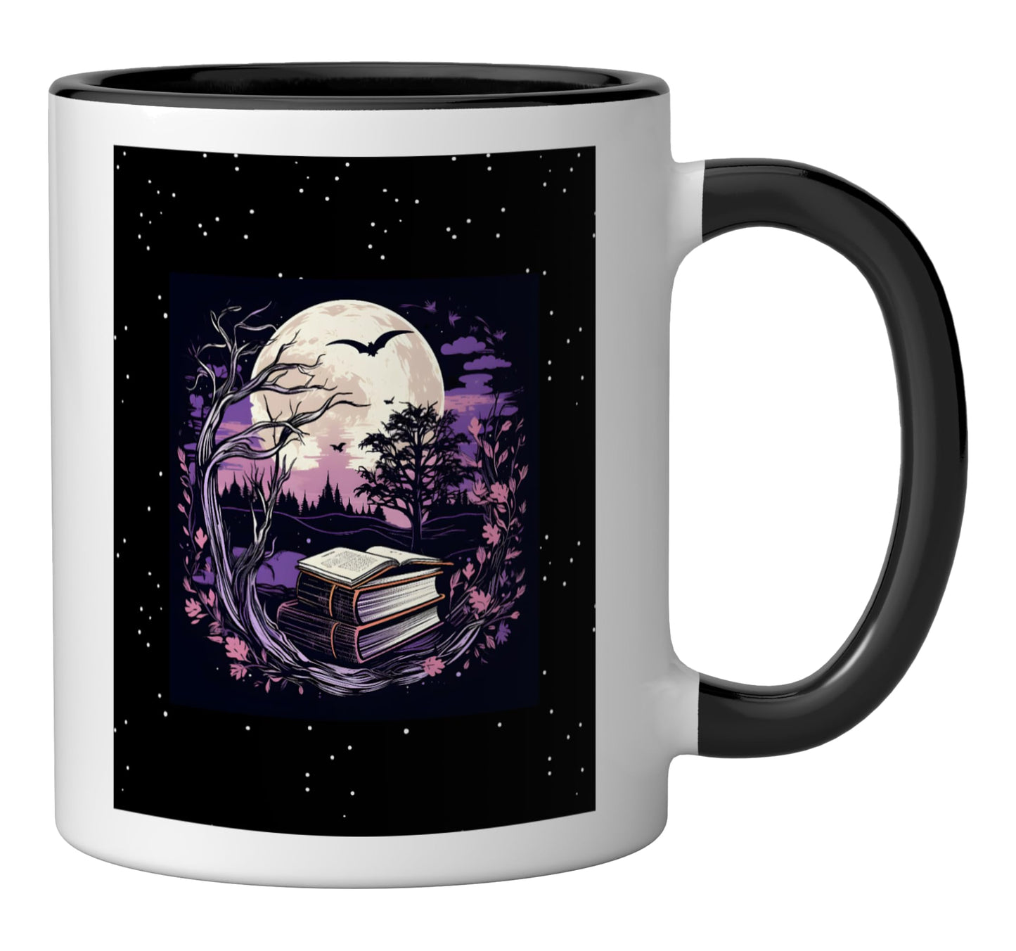 Spooky Moon Haunted Scene Halloween Book Lovers Reader Ceramic Mug, Black/White