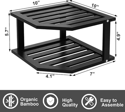 VERTORGAN Bamboo Corner Shelf,2 Tier Plate Organizer for Cabinet and Countertop,Pantry Dish and Spice Rack for Kitchen（Black）