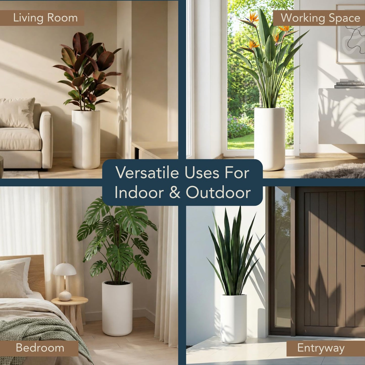 KUTE NEST 19.5" H x 9.8" D Premium Tubo Fiberstone Cylinder Tall Planter with Drainage Hole, Smooth Finishes, Weather Resistant, Included 2 Extra Coco Mats (Kilim Beige, 8.2" Pot Opening)