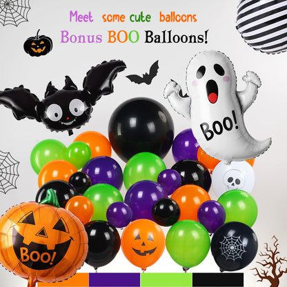 Halloween Party Decorations with Orange Black Green Purple Garland Balloon arch & Spider Web Bat Ghost Pumpkin Stripes Foil Balloons for one spooky dude 1st Horror Night Birthday Supplies