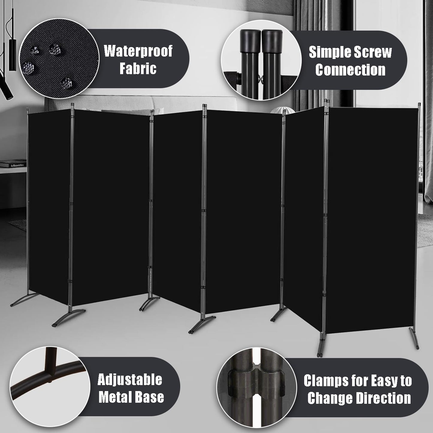 Room Divider-Folding Privacy Screens, 6 ft Partition Room Dividers Wall for Separation, Home, Office, Classroom, Studio (Black, 6 Panel)