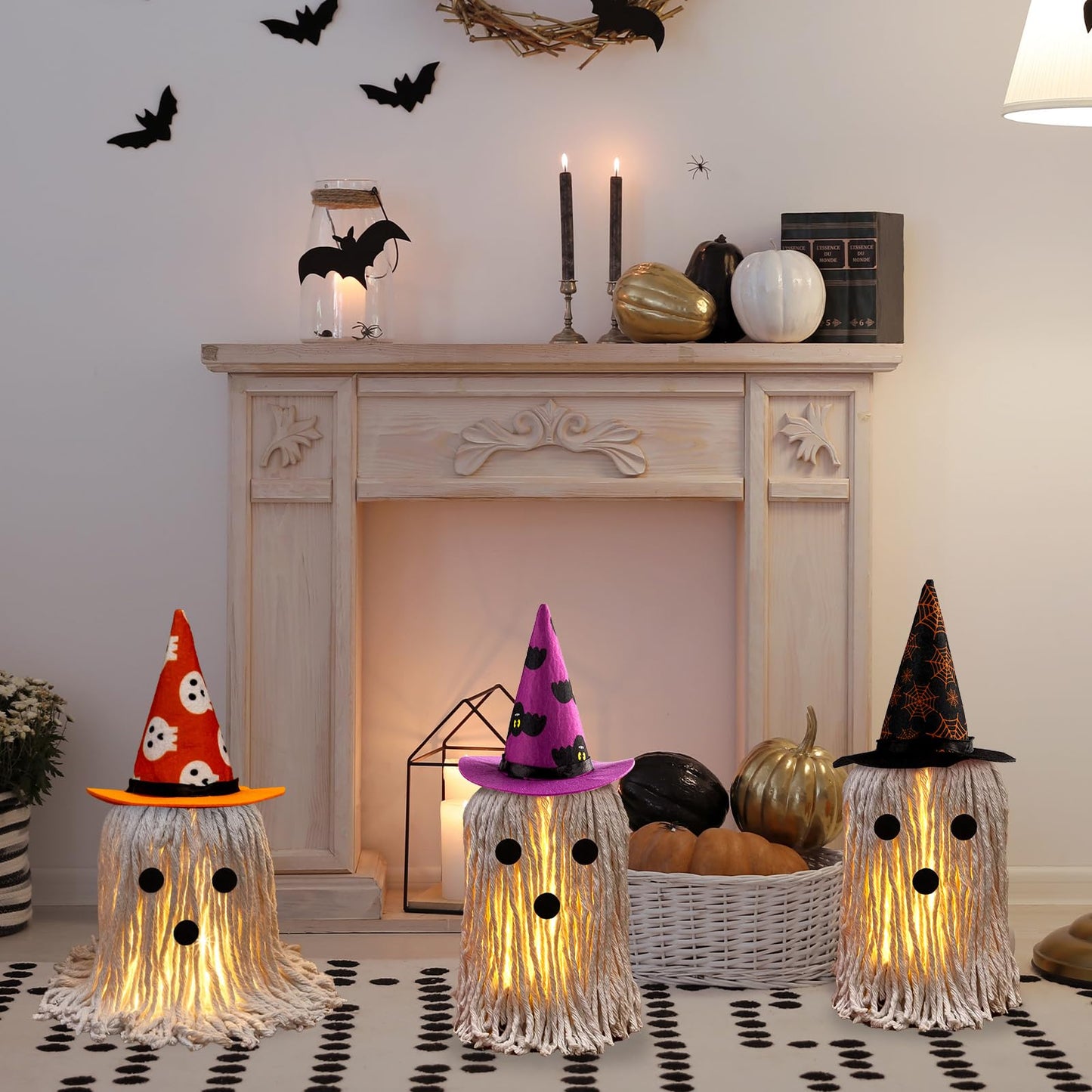 Halloween Ghost Decoration Indoor 3 Pack Light Up Standing Spooky Ghosts with Witch Hats, Halloween Table Decor Cute Ghost Boo Kitchen Tabletop Party Decor and Holiday Decorations