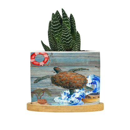 DreamAutumn Ocean Theme Sea Turtle Ceramic Pots for Plants with Drainage Holes Round Flower Pot Bamboo Tray Orchid Pot Succulents Pots for Outdoor Indoor Plants,Housewarming Gifts