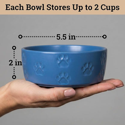 Ceramic Dog Bowl Set of 2 with Anti-Skid Base - 5.5" Wide x 2" Tall Ceramic Dog Bowls for Small Dogs - 2 Cup Capacity Food and Water Bowls for Dogs - Rubber Bottom Pet Bowl Set of 2 for Small Pets