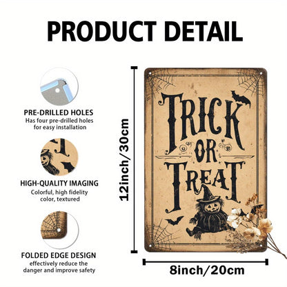 Trick or Treat Halloween Scarecrow Pumpkin Retro Metal Tin Sign Wall Art Decor for Front Door Home Farmhouse Halloween Party Indoor Outdoor 8x12 Inch