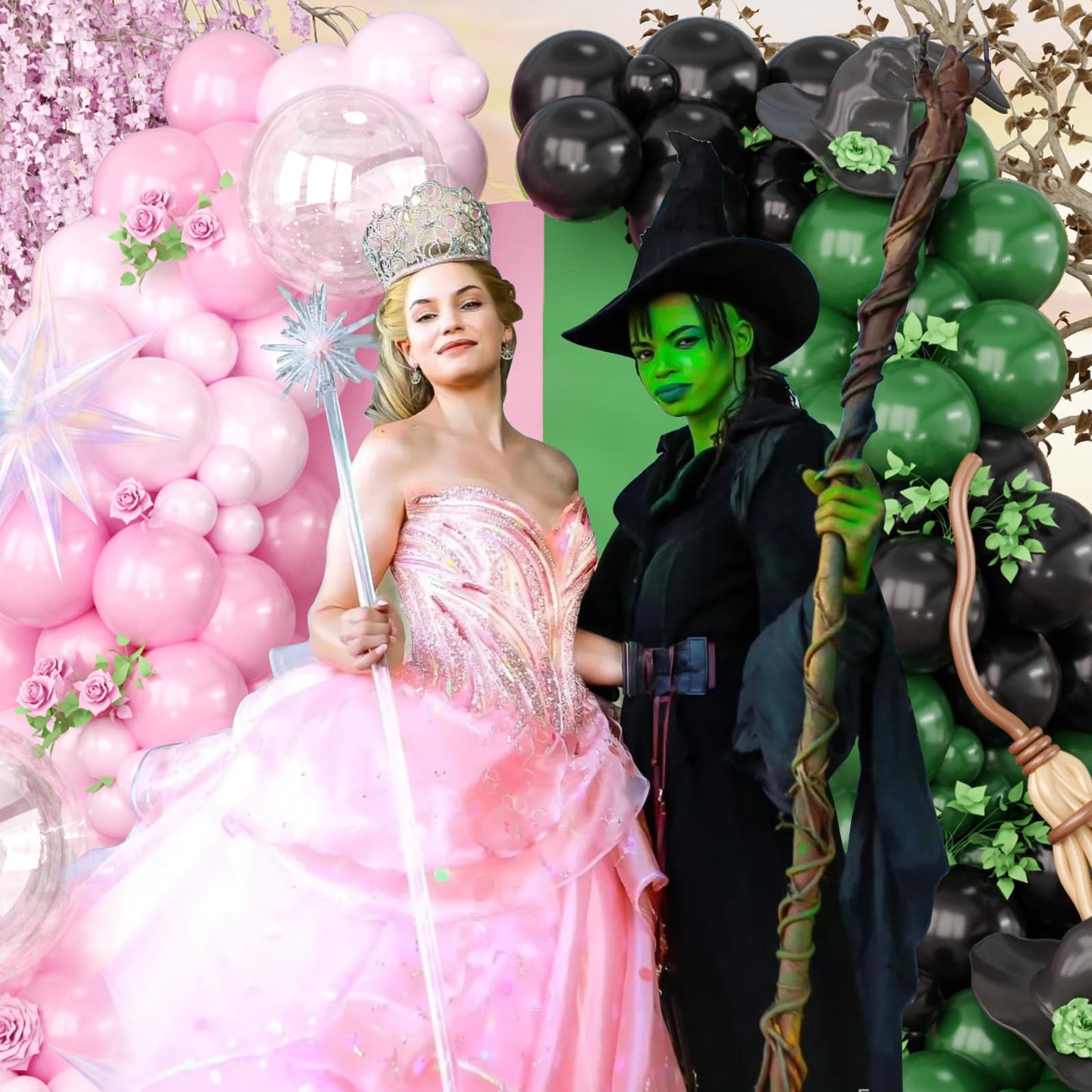 Pink Green Black Balloon Arch Kit, 153 Pcs Wick Balloons with Iridescent Exploding Star Balloons for Princess Witch Birthday Themed Party Decorations Fairy Wonderlad Party Supplies
