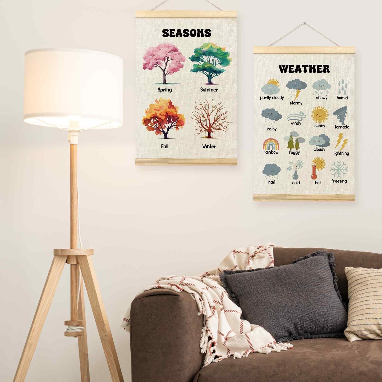 TLESKE 4 Seasons Weather Chart Poster Hanger Frame for Toddler Kid Classroom Set of 2, Homeschool Hanging Wall Art Decor for Nursery Playroom, Preschool Prek Learning Educational Poster, 16x24