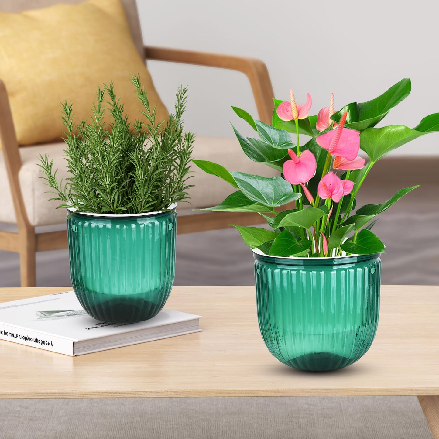 Boocalny 4Pcs Self Watering Hanging Planter, 6.5'' 4.5'' Hanging Plant Pots with Drainage Holes,Plastic Hanging Plant Flower Pots Baskets,Visible Hanging Planters for Indoor Plant Garden Home(Emerald)