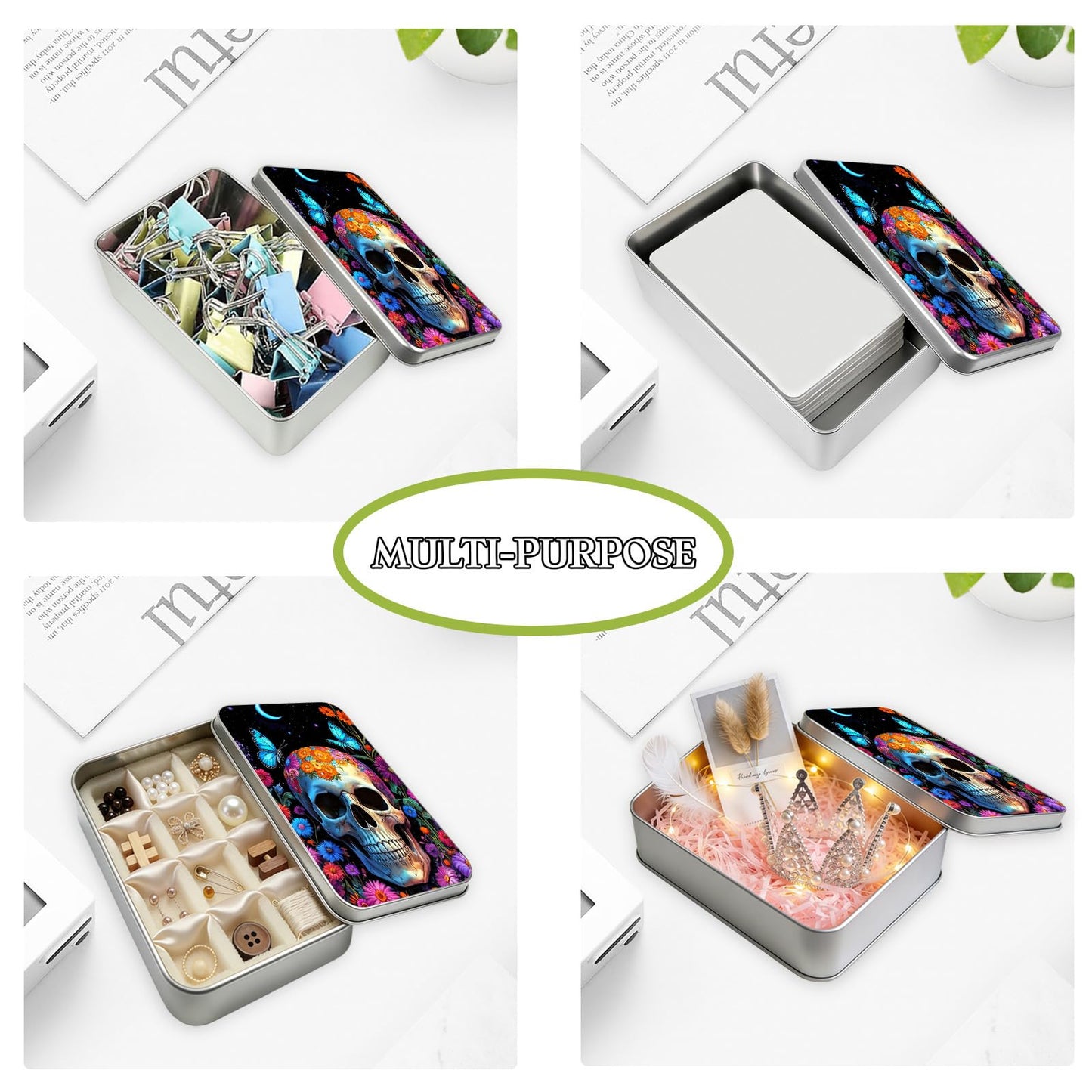 HGGJFLYX Metal Tin Box with Lid, Square Storage Container for Game Cards, Crafts and Candles, Decorative Tin Organizer and Gift Box for Home, Office and Kitchen,Floral Skull Butterflies