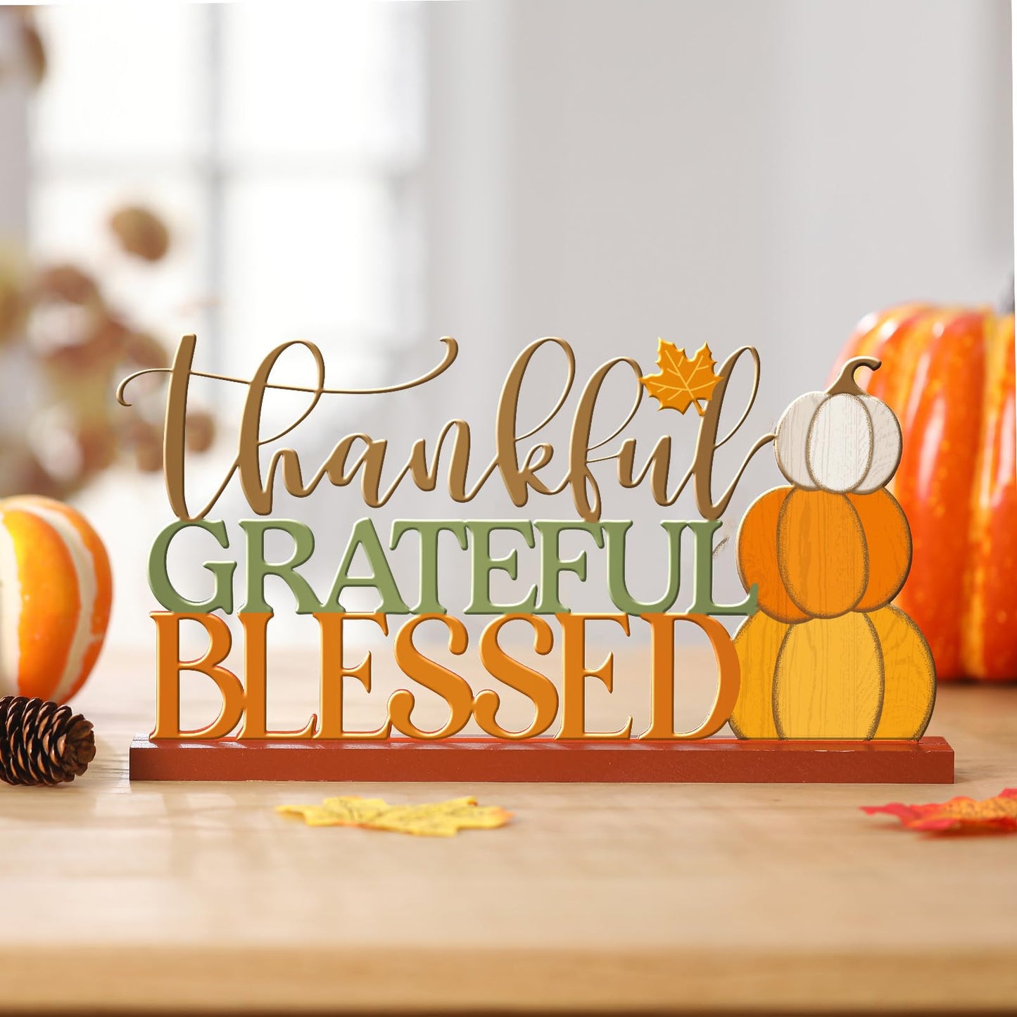 Cinnvoice 11.81 Inch Thanksgiving Table Sign Fall Decorations for Home Thanksgiving Metal Letter Centerpiece Decorations with Wooden Base Pumpkin Grateful Thankful Blessed Sign for Shelf Mantel