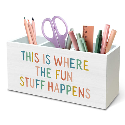 DILSJ Boho Classroom Pen Pencil Holder Organizer for Desk, Boho Classroom Decor, This Is Where the Fun Stuff Happens Wooden Box Signs for Kids Room Bedroom Playroom Desk Office & School Supplies
