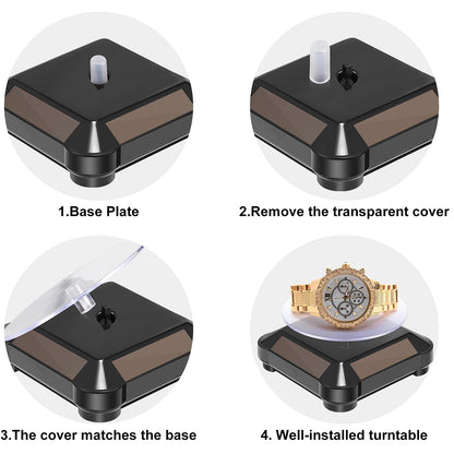 Xuhal 8 Pcs Solar Rotating Stand Turntable Battery Powered Double Use Solar Display Stand Jewelry Spinner 360 Degrees Solar Showcase Base Watch Hobby Collection Shelf for Table (Black)