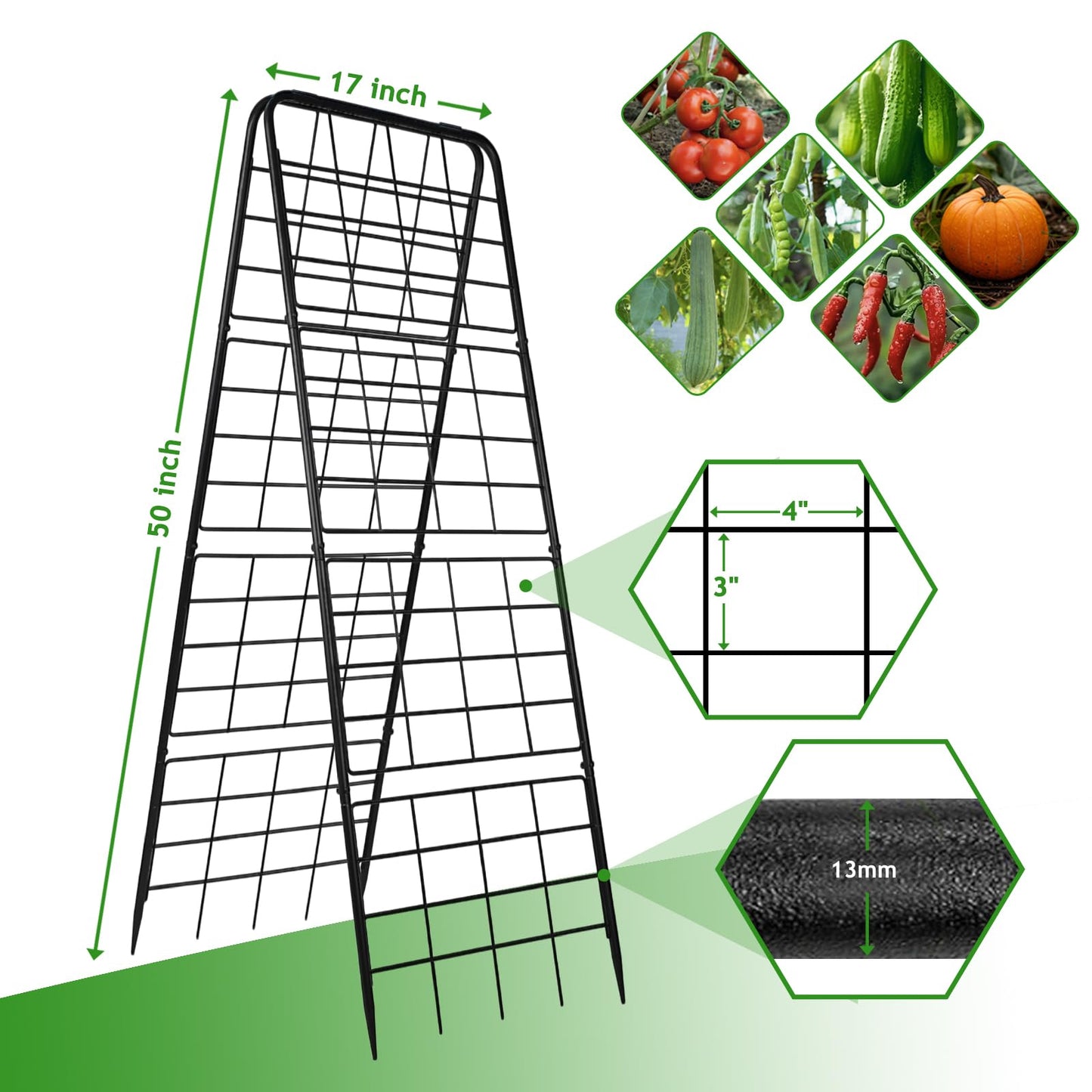 2 Pack Heavy Duty Adjustable A-Frame Garden Trellis for Climbing Plants 50"x17" , Reinforced Metal Plant Support for Raised Beds, Ideal for Tomatoes, Cucumbers & Outdoor Vines (Black)