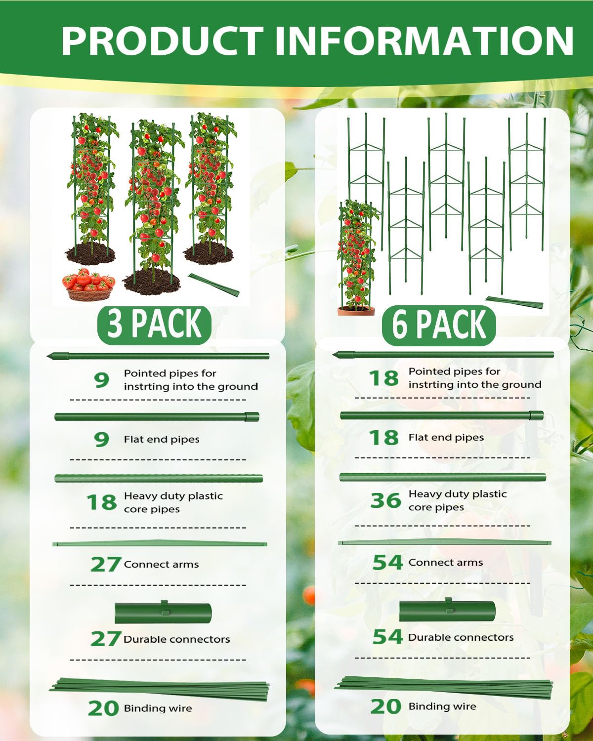 MYMULIKE 3 Pack Tomato Cages for Garden, 51in*13in Adjustable Tomatoes Plant Stakes Support Cages Trellis, Garden Trellis for Vegetable Flowers Fruits Climbing Plants- 20 Binding Wires Included
