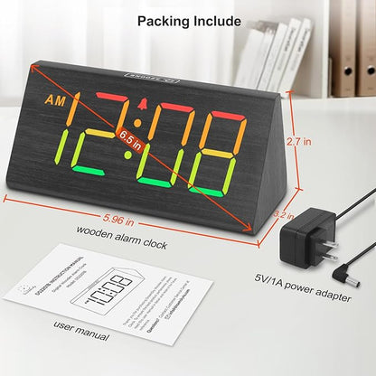 DreamSky Wooden Digital Alarm Clock for Bedroom with RGB Large Numbers | Electric Desk Clock, USB Port, Loud Alarm for Heavy Sleepers, Dimmer and Volume Control, Snooze, Wood Décor, Adapter Powered