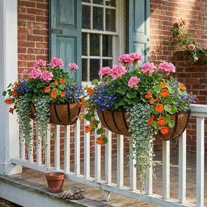 Nature Crafted 24 Inch Railing Planter Boxes with Adjustable Brackets for Hanging Outdoor Plants, Window Box Planter with Coco Liner for Balcony Deck Porch & Patio Garden Decor, 4 Pack & Black