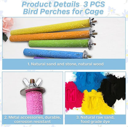 PIVBY Wood Bird Cage Perch Colorful Parrot Stand Toy Platform Paw Grinding Stick for Small Medium-Sized Bird Parakeet Cockatiel Conure Budgies Lovebird Canary Colors Vary Pack of 3