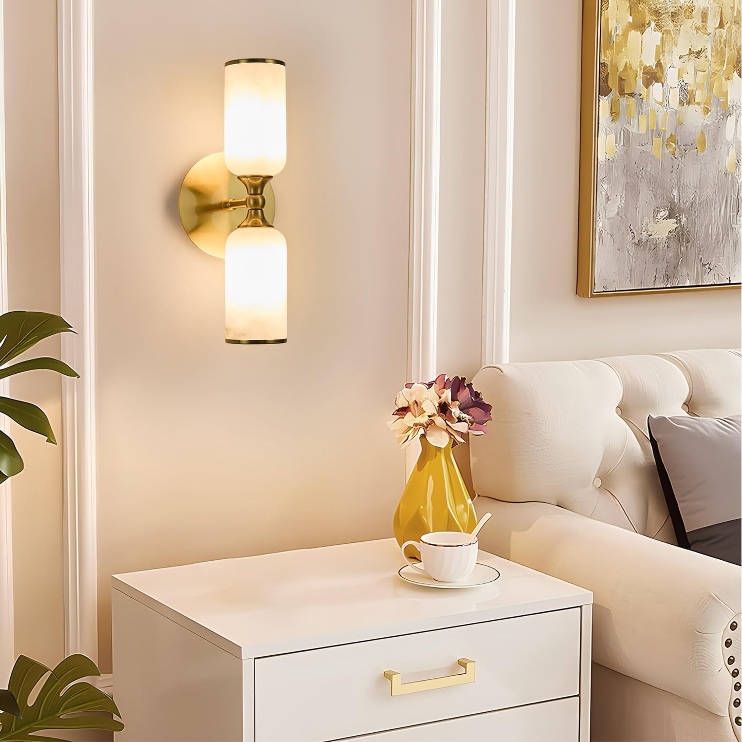 Fanyank 14.2Inch Natural Alabaster Wall Sconce, Nordic Style Natural Stone Wall Lamp, Marble Lampshade Up and Down Lighting Fixtures for Bedroom Living Room Kitchen Stairs Gold
