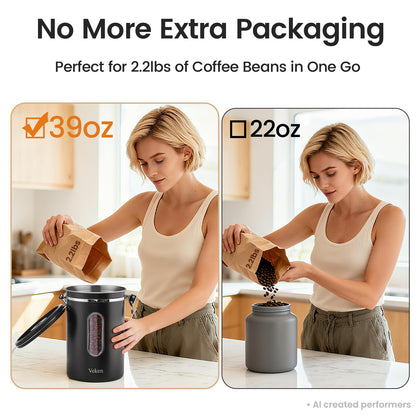 Veken Large Coffee Canister with Window, Kitchen Food Storage Airtight Stainless Steel Container for 2.2lbs Coffee Beans, Grounds, Rice,Tea, Flour, Cereal, Sugar Jars,Date Tracker and Scoop 39oz,Black