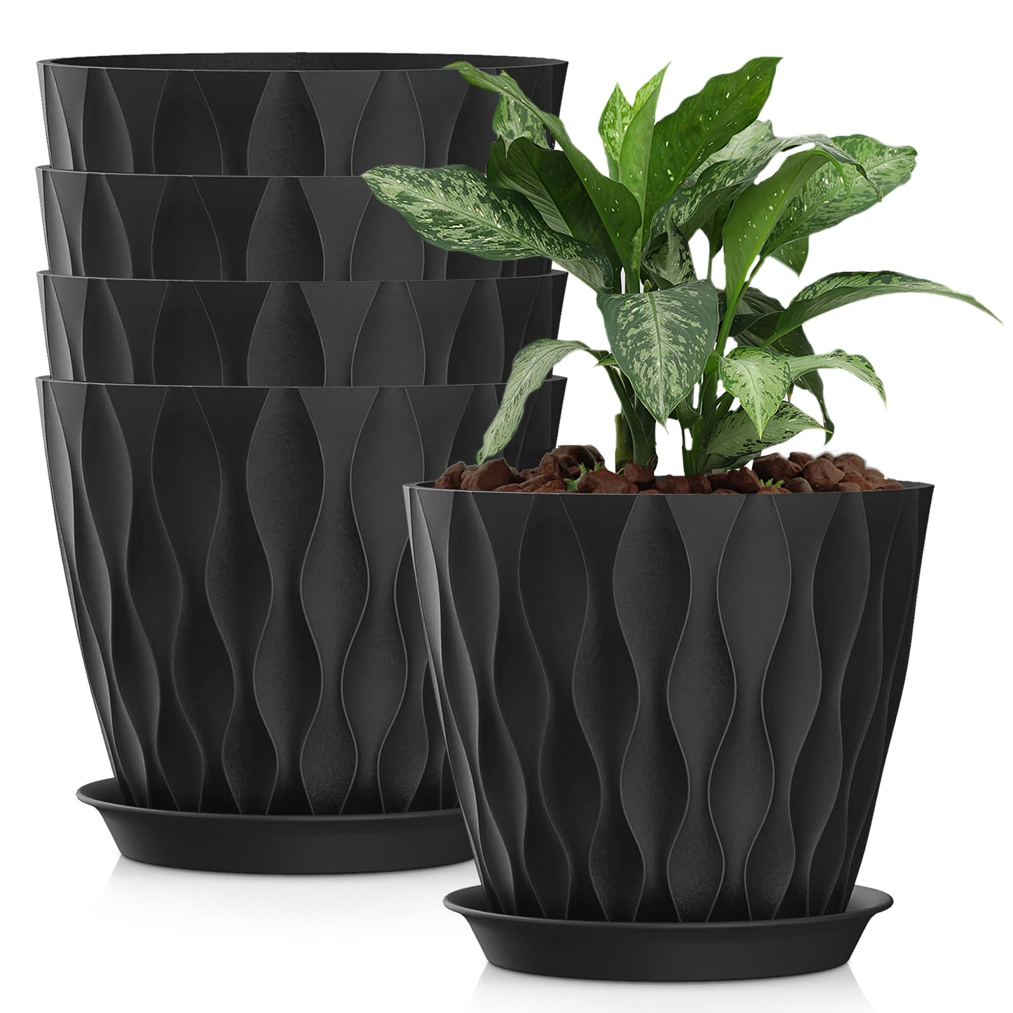 SQKH 8 Inch Plastic Plant Pots,Set of 5 Flower Pots,Planters with Drainage Holes & Saucers, Indoor Outdoor Garden Pots for Home Decor (Black)